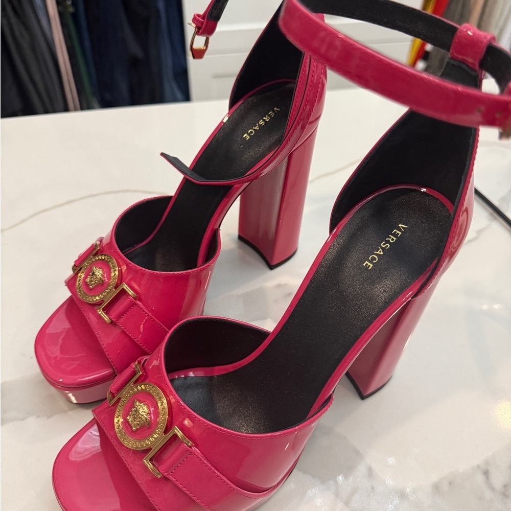 Versace Pink Chunky Heel Sandals with Gold Embellishment